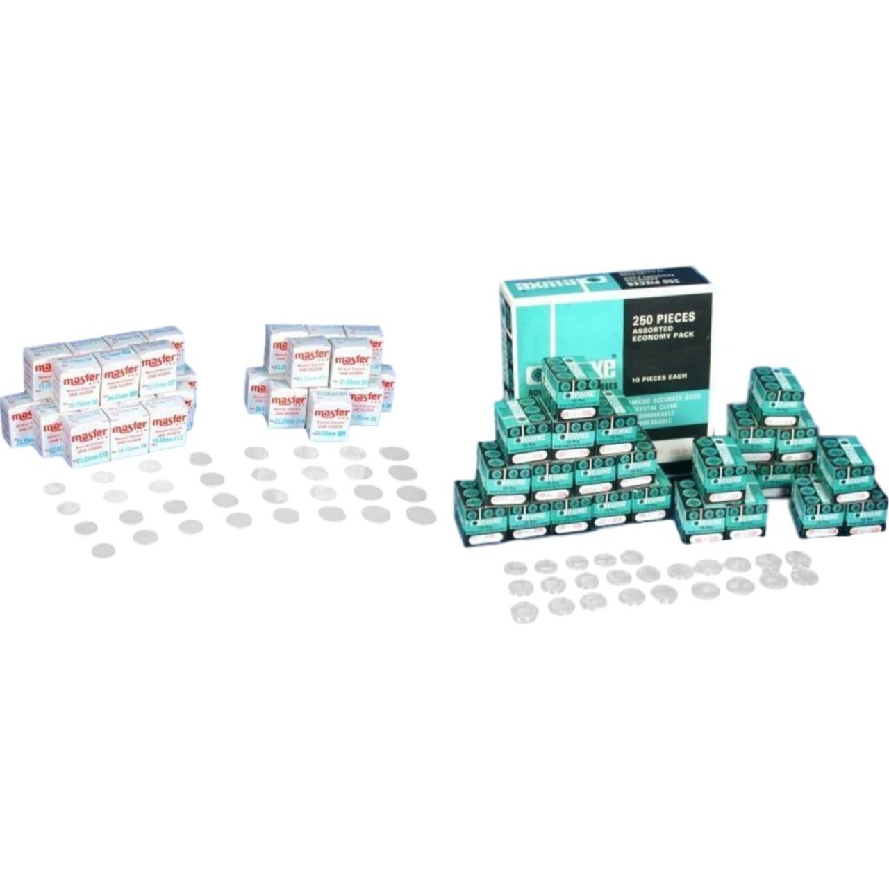 384 Pcs Mineral Glass Watch Crystal Set & 250 Pcs Dome Plastic Watch Crystal Set